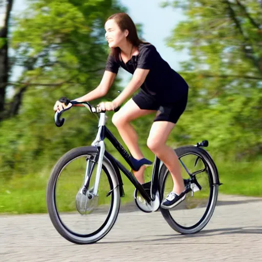 Prompt: An attractive woman riding a bicycle without a seat, high definition, high quality, award winning,