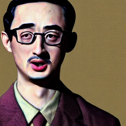 Image similar to A 1950s Colorized Style Poster of Filthy Frank, grainy, realistic, hyperrealistic, very realistic, very very realistic, highly detailed, very detailed, extremely detailed, detailed, digital art, trending on artstation, detailed face, very detailed face, very detailed face, realism, HD Quality, 8k resolution, intricate details, body and head in frame, drawing, inked drawing, poster drawing, neat drawing, 1950s, 50s, in the style of Frank Hampson, in the style of Frank Bellamy, in the style of Dave Gibbons, in the style of Don Lawrence, in the style of Wally Wood, Colorized, 1950s Poster