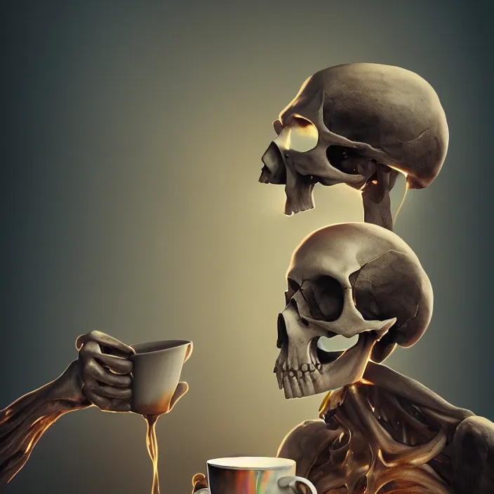 Prompt: skull, drinking coffee. intricate artwork. octane render, trending on artstation, greg rutkowski very coherent symmetrical artwork. cinematic, hyper realism, high detail, octane render, 8 k, iridescent accents