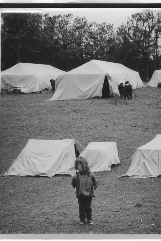 Image similar to photo polaroid of a sad and lonely child stands in the middle many big tents of field hospitals, pandemic, covid,loneliness, black and white ,photorealistic, 35mm film,