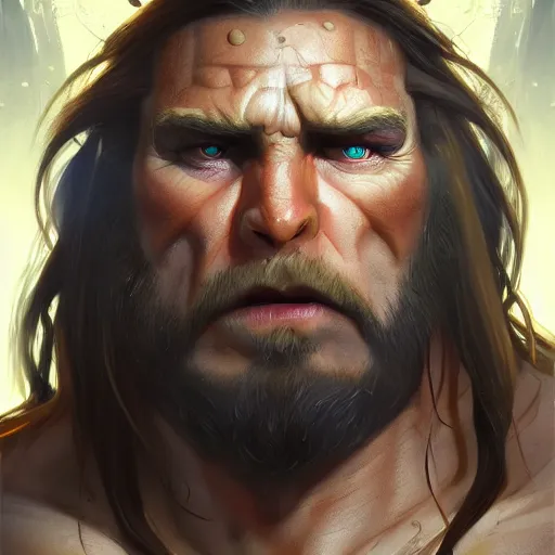 Prompt: clear portrait hulking herculean ogre jesus christ, background hyper detailed, character concept, full body, dynamic pose, glowing lights intricate, elegant, highly detailed, digital painting, artstation, concept art, sharp focus, illustration, van baarle lois and sanderson ruth