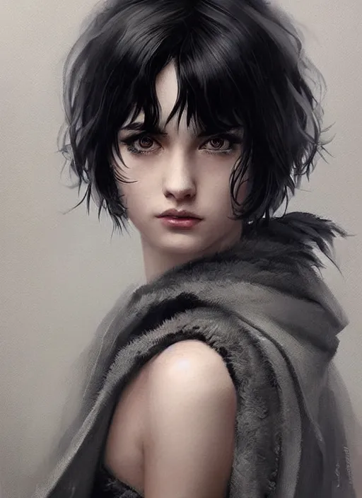 Image similar to a teenage girl with very short black hair and a huge cloak made of grey and black feathers. beautiful highly detailed face. beautiful painting by artgerm and greg rutkowski and raymond swanland