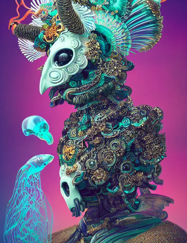 Image similar to 3 d goddess close - up profile solarpunk portrait ram skull. beautiful intricately detailed japanese crow kitsune mask and clasical japanese kimono. betta fish, jellyfish phoenix, bio luminescent, plasma, ice, water, wind, creature, artwork by tooth wu and wlop and beeple and greg rutkowski