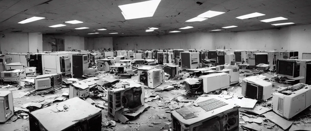 Image similar to movie still 4 k uhd 3 5 mm film color photograph of an abandoned computer laboratory full of cold war era computers