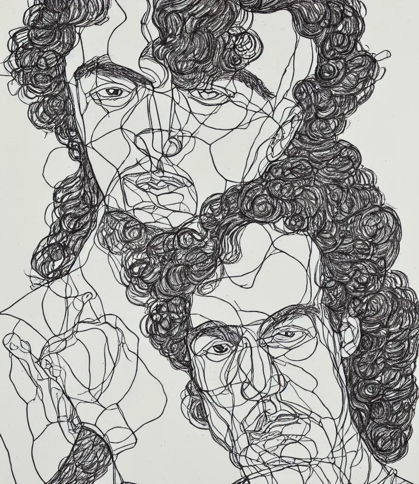 Image similar to elegant line art portrait of evard grieg. inspired by egon schiele. contour lines, musicality, twirls, curls and curves, strong personality, staring at the viewer