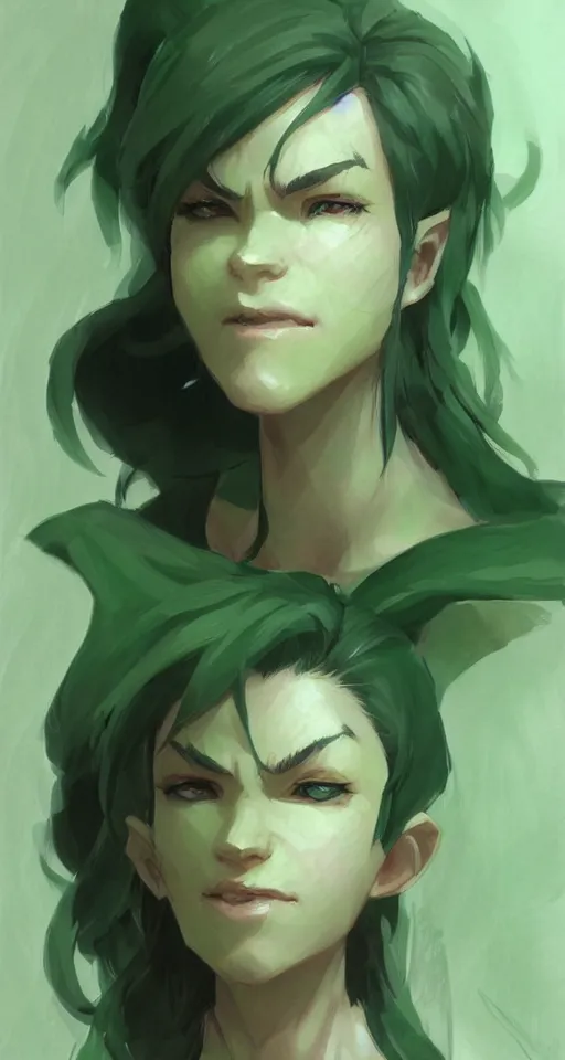 Image similar to green orc female, light green tone beautiful face by krenz cushart