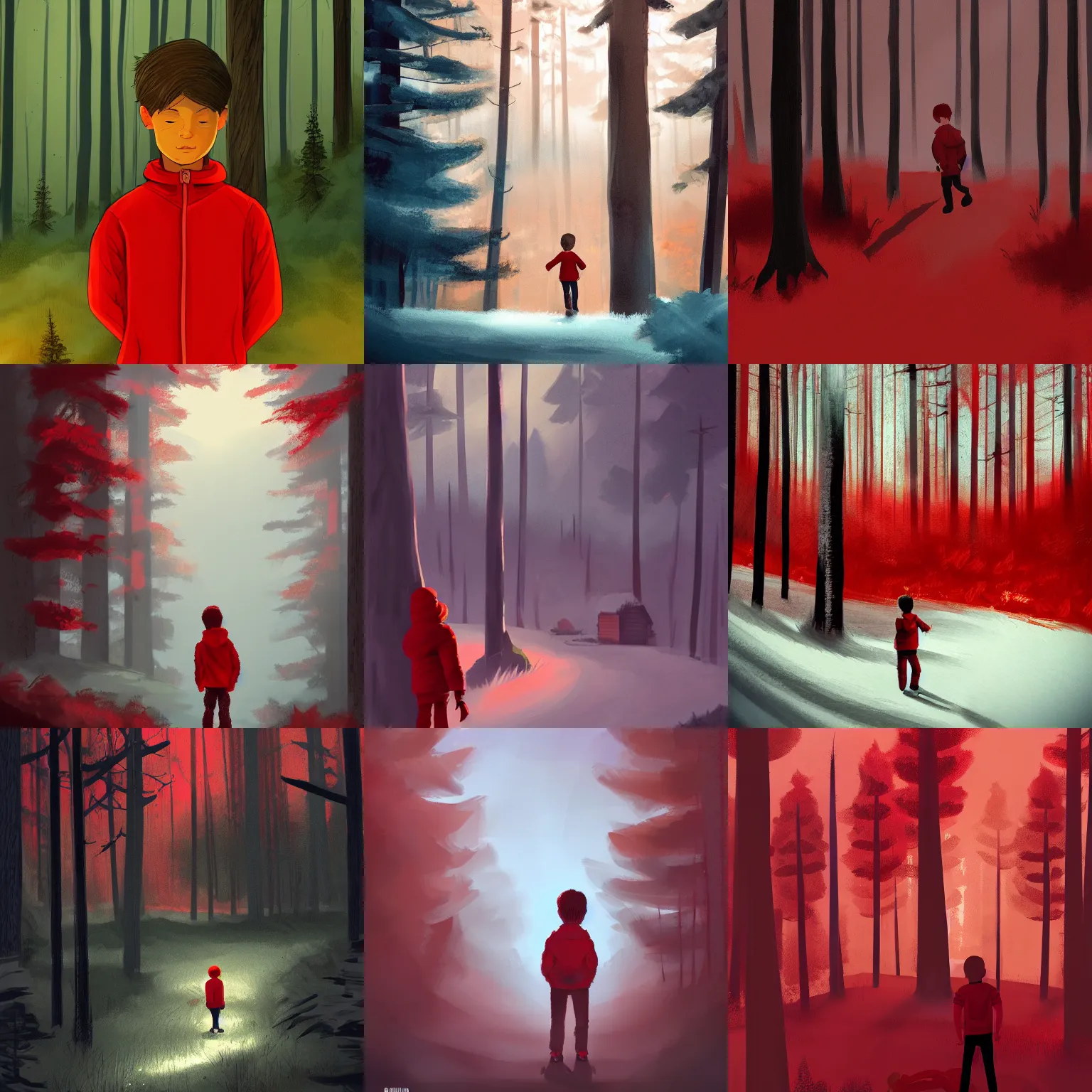 Prompt: boy in red knocked at the door of a cabin in a forest, detailed, strong lighting, by aenami and alena, trending on artstation