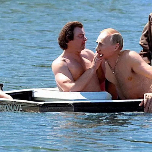 Prompt: putin as old gregg with a mangina, on a boat on a lake