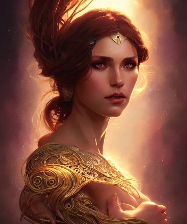 Image similar to fantasy magic woman portrait, sci-fi, amber eyes, face, long hair, fantasy, intricate, elegant, highly detailed, digital painting, artstation, concept art, smooth, sharp focus, illustration, art by artgerm and greg rutkowski and alphonse mucha