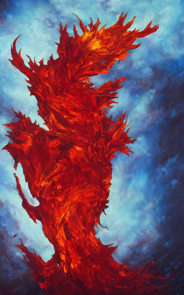 Image similar to red king of the amber mythos fallen celestial spirit, award winning oil painting, sharp color palette