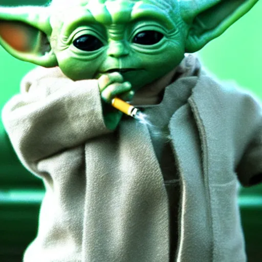 Prompt: Baby Yoda smoking a cigarette 4K quality