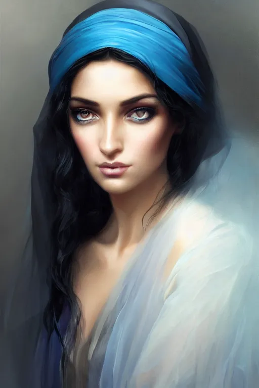 Image similar to modern tanned Ameera al-Taweel, bright blue eyes, wavy black hair, white veil, closeup, focus face, elegant, highly detailed, centered, oil painting, artstation, concept art by tom bagshaw