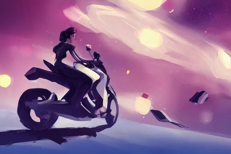 Image similar to a girl is riding a motorbike, digital painting, artstation, the space background,concept art, illustration,