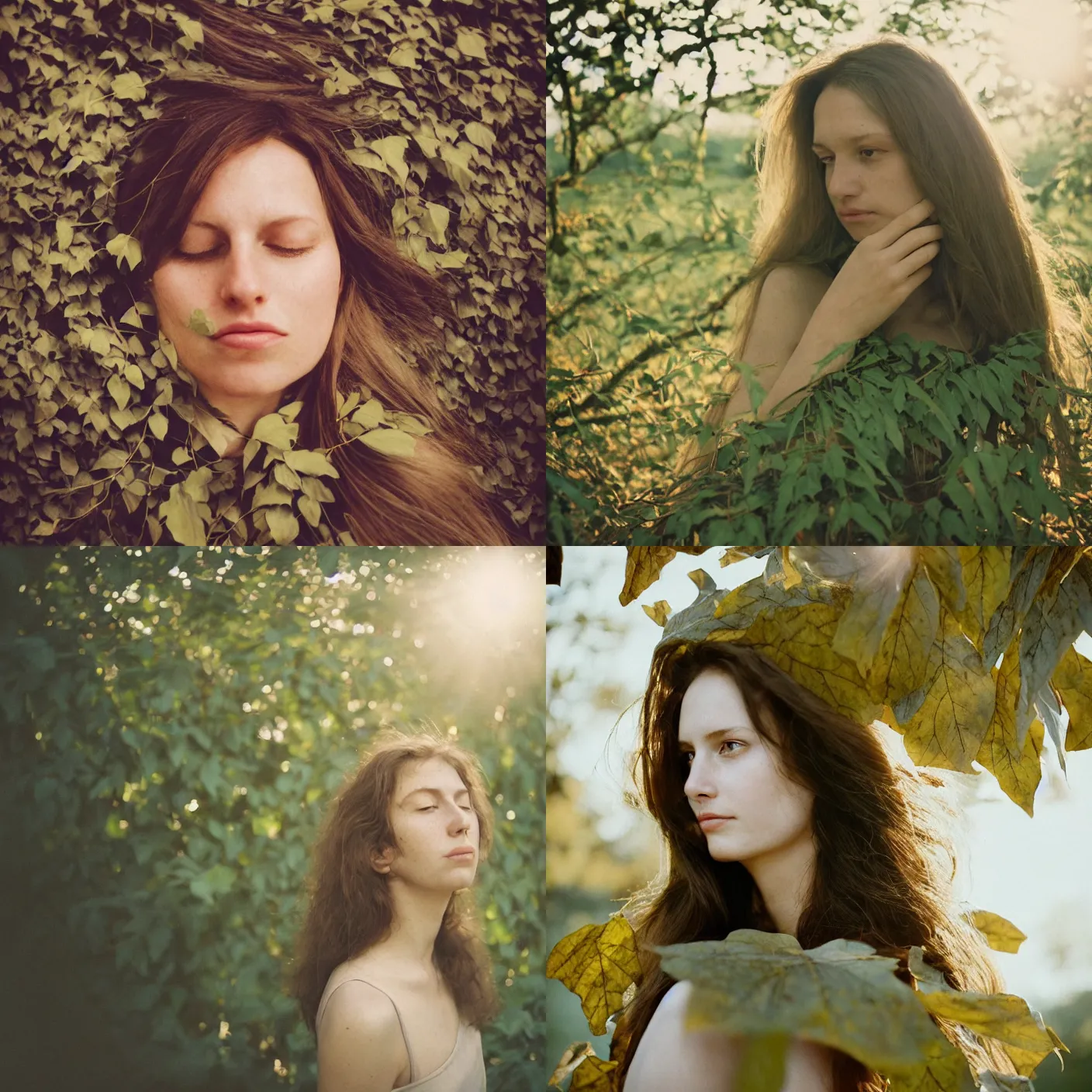 Prompt: An analog head and shoulder portrait photography of a woman behind multiple big leaves by Annie Leibovitz. Long hair. closed eyes. Kodak Portra 800 film. Depth of field. whirl bokeh. Sunshine. detailed. hq. realistic. warm light. muted colors. Moody. Filmic. Dreamy. lens flare. Leica M9, f/1.2, symmetrical balance, in-frame