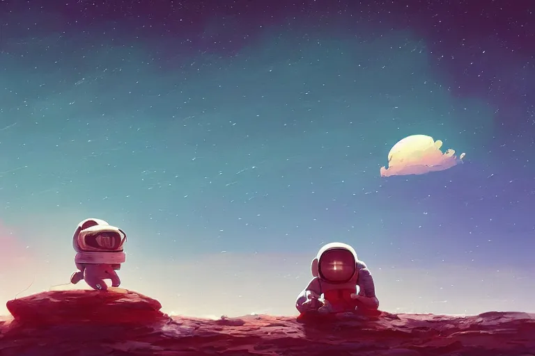 Image similar to astronaut sitting at the beach of an alien planet watching the sunset, surreal photography, dark night, stars, moon light, impressionist painting, clouds, digital painting, artstation, simon stalenhag