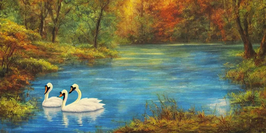 Image similar to painting of a small lake with two swans in it, in a forest, blue water, stunning colors, fairytale