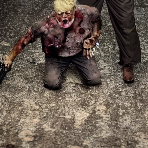 Image similar to donald trump as zombie in the walking dead. movie still. cinematic lighting