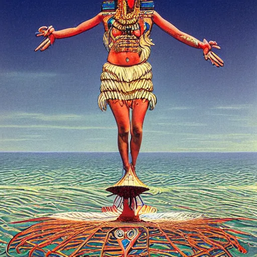 Image similar to mayan priestess floating over an ocean, sharp focus, moebius, print, cinematic, surreal