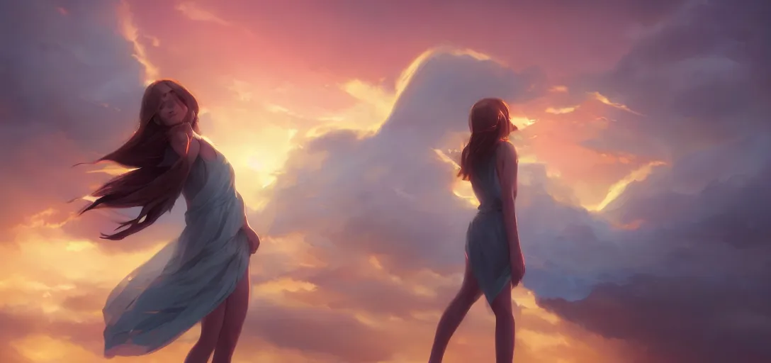 Image similar to beautiful woman angel flying peacefully, dramatic clouds, sunset, hazy, gentle, soft lighting, wojtek fus, by Makoto Shinkai and Ilya Kuvshinov,