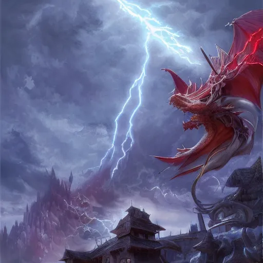 Image similar to Shalltear Bloodfallen Casting Twin Dragon Lightning in a village, detailed, centered, digital painting, artstation, concept art, donato giancola, Joseph Christian Leyendecker, WLOP, Boris Vallejo, Breathtaking, 8k resolution, extremely detailed, beautiful, establishing shot, artistic, hyperrealistic, beautiful face, octane render, cinematic lighting, dramatic lighting, masterpiece