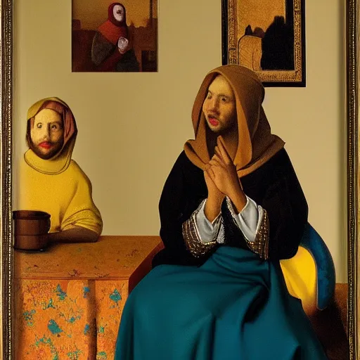 Image similar to Masterpiece Portrait of Muslim Ronald mcdonald, dressed thobe, Ghutra and Egal, style of Johannes Vermeer