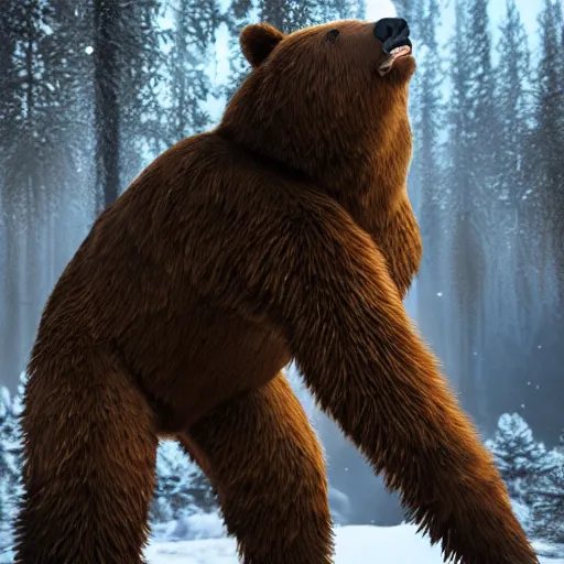 Image similar to man transforming into an anthro bear at night, full body, hyper realistic, hyper detailed, 8 k, unreal engine, realistic brown fur, full moon background, ray tracing