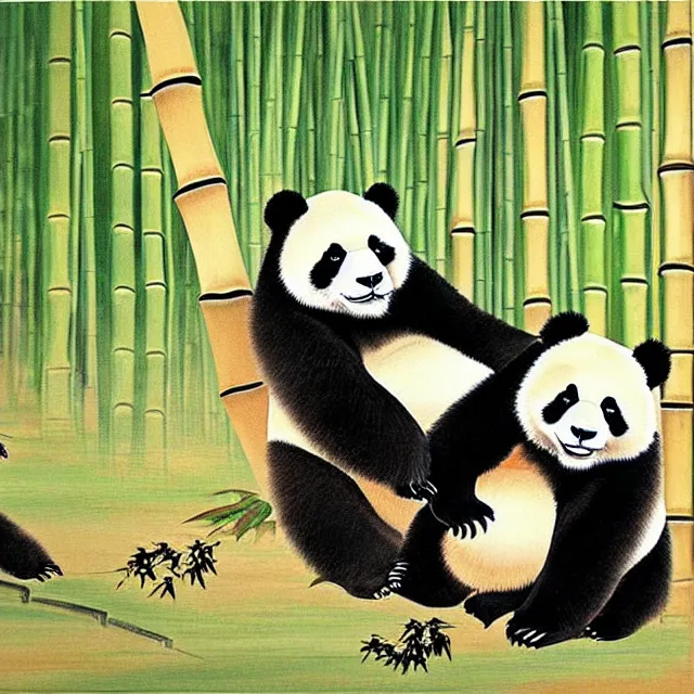 Image similar to a beautiful painting two pandas in the bamboo forest, by zhang daqian painting