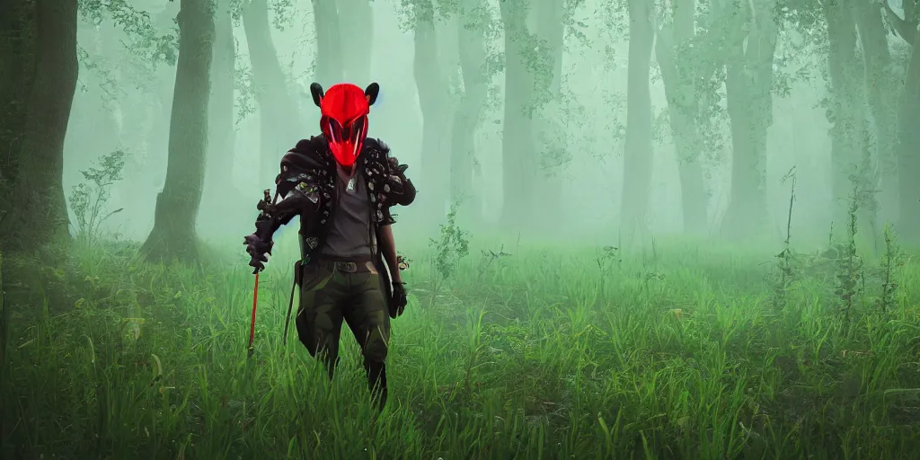 Image similar to inside of lush summer green landscape a strange gamekeeper wearing a steampunk and cyberpunk mechanical fluorescent mystical animal mask and red hood. walking in the misty dangerous swamp. in style of fornite game. night fog, beautiful render, octane render