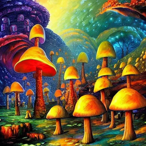 Prompt: glowing mushroom village, art by ricardo bofill, james christensen, rob gonsalves, paul lehr, leonid afremov and tim white