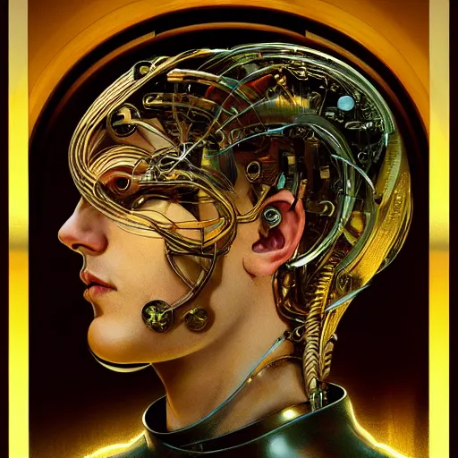 Image similar to portrait of a beautiful blond male android, coy, circuitry visible in head, in the style of ex machina, karol bak, alphonse mucha, greg rutkowski, award winning, hr giger, artstation