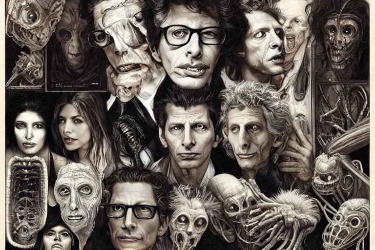 Prompt: hyper realistic portrait of wider faced jeff goldblum, silver haired, the fly, the thing, body horror, cronenberg, by hr giger, by lee bermejo, alphonse mucha and greg rutkowski