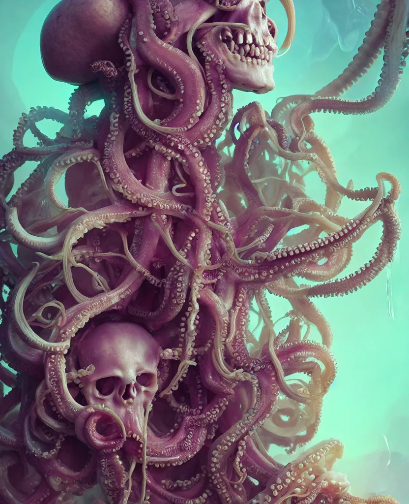 Image similar to goddess close - up portrait human skeleton, ram skull, octopus, jellyfish, orchid, betta fish, bioluminiscent, intricate artwork by tooth wu and wlop and beeple. octane render, trending on artstation, greg rutkowski very coherent symmetrical artwork. cinematic, hyper realism, high detail, octane render, 8 k