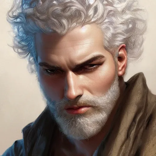 Image similar to beautiful, strong, mixed race, white hair, curly hair, small beard, male, face, head shot, fantasy, highly detailed, digital painting, artstation, concept art, smooth, sharp focus, illustration, art by artgerm and greg rutkowski and alphonse mucha