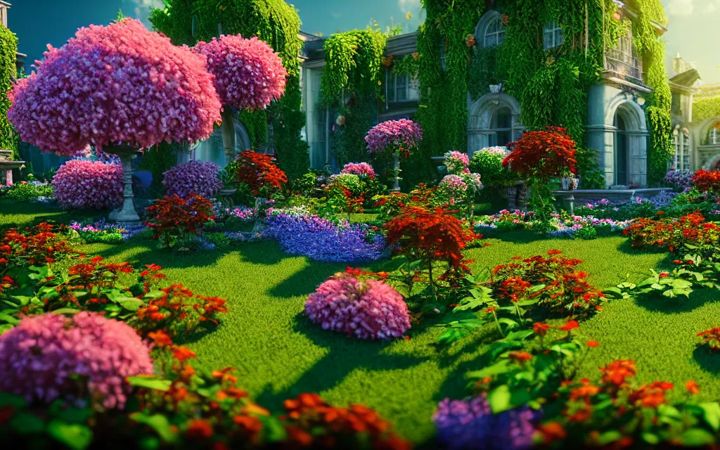 Image similar to a sprawling garden with many flowers and vines, sunny day, beautiful lighting, vivid colors!, highly detailed, cinematic, octane render, 4 k, trending on artstation, deviantart featured