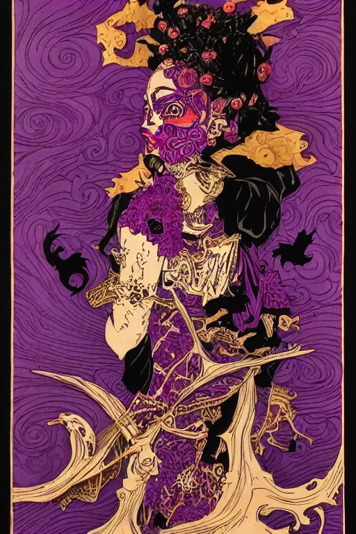 Image similar to dark magenta and purple ink with intricate designs, tarot card, a halloween scarecrow, full of golden layers, black cats, cobwebs, spiders, swirles, curves, wave, by louise nevelson and hokusai and jean giraud and mike mignola and john howe, trending on artstation, elaborate illustration, incredible depth