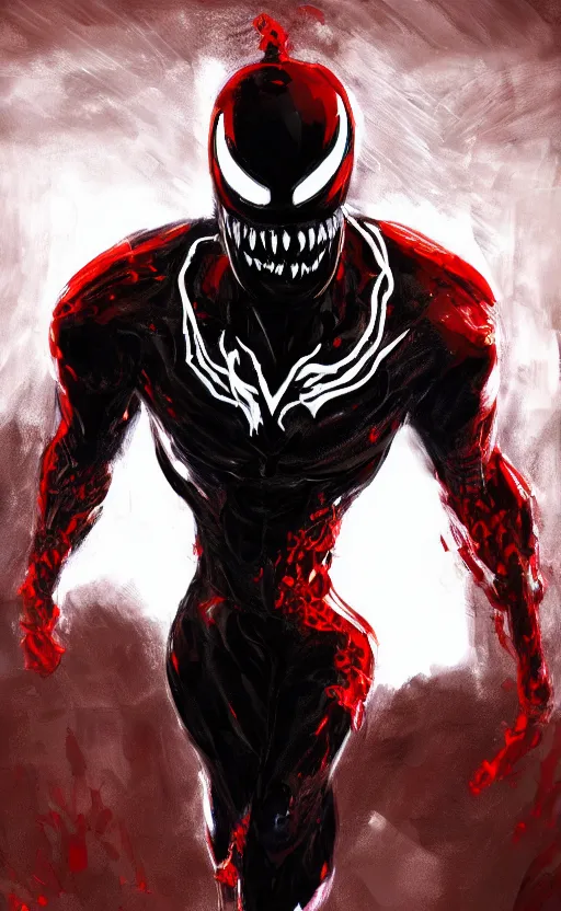 Image similar to venom in a venom inspired ironman suit, black and red, dynamic lighting, photorealistic fantasy concept art, trending on art station, stunning visuals, terrifying, creative, cinematic