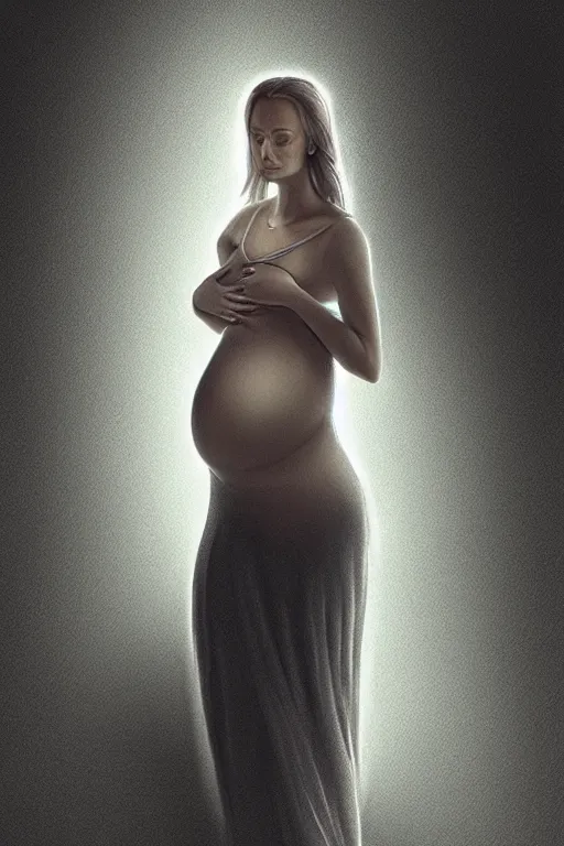 Image similar to pregnant woman under street light, highly detailed, sharp focused, ultra realistic digital concept art by Nikolai Shurygin