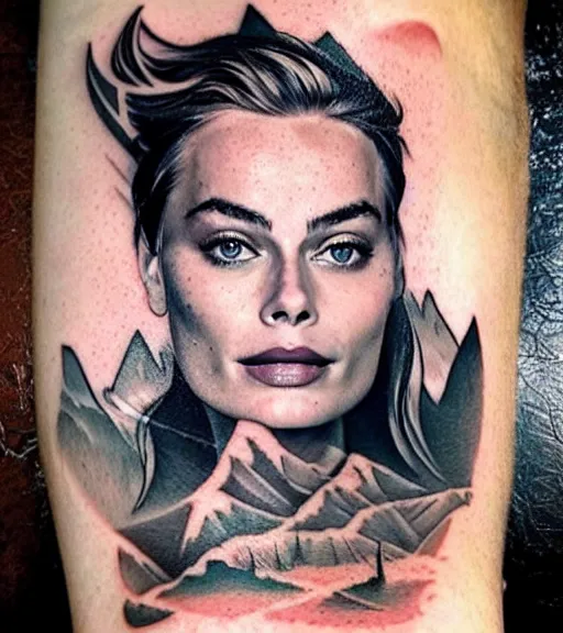 Prompt: tattoo sketch of margot robbie mash up amazing mountain scenery and nature, double exposure effect, in the style of arlo dicristina, hyper realism, amazing detail, sharp