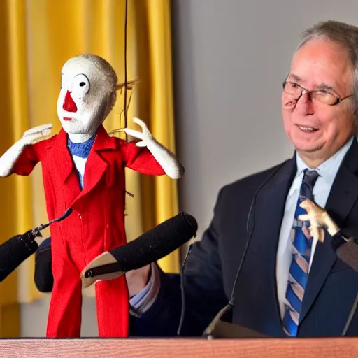 Image similar to president marionette with puppeteer in a podium giving a press conference