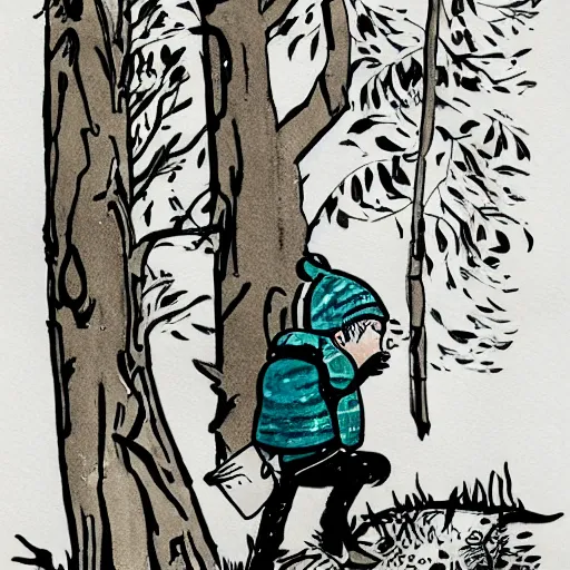 Prompt: mcbess illustration, watercolor, of a little boy with a backpack in a forest