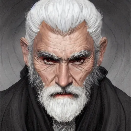 Prompt: old male archmage, large bushy eyebrows, black robes, short white beard, short white hair, D&D, fantasy, intricate, elegant, highly detailed, digital painting, artstation, concept art, smooth, sharp focus, illustration, art by artgerm and greg rutkowski and alphonse mucha