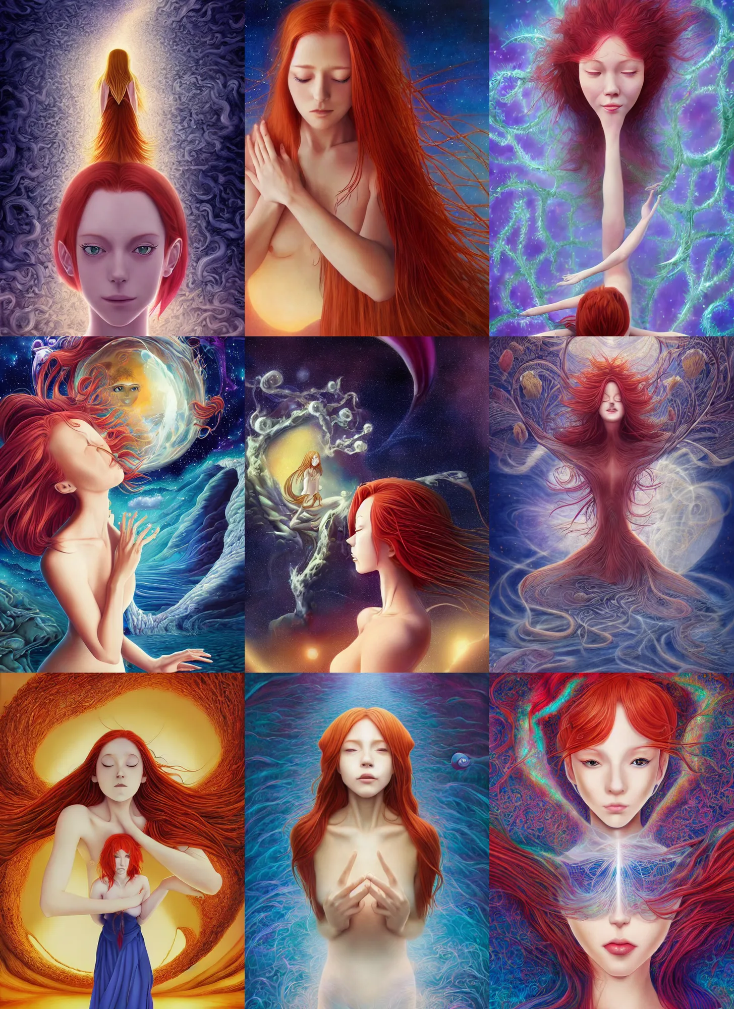 Prompt: a redhead woman falls into a dream within a dream within a dream within a dream within a dream, alex grey, salvador dali, fractal, surreal art, semi realistic anime, studio ghibli, makoto shinkai, award winning illustration, masterpiece, 8 k, trending on pixiv