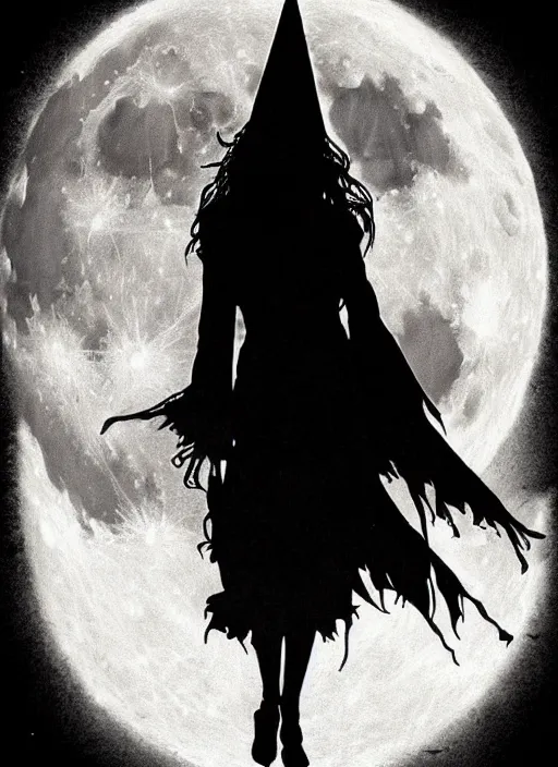 Image similar to portrait, silhouette of a witch in front of the full big moon, book cover, dramatic lighting, cinematic, establishing shot, extremly high detail, foto realistic, cinematic lighting, pen and ink, intricate line drawings, by Yoshitaka Amano, Ruan Jia, Kentaro Miura, Artgerm, post processed, concept art, artstation, matte painting, style by eddie mendoza, raphael lacoste, alex ross