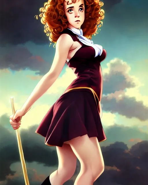 Prompt: pinup anime art of hermione granger by emma watson, seductive hermione by a - 1 pictures, by greg rutkowski, gil elvgren, artgerm, enoch bolles, glossy skin, pearlescent, anime, very coherent, flat, ecchi anime style