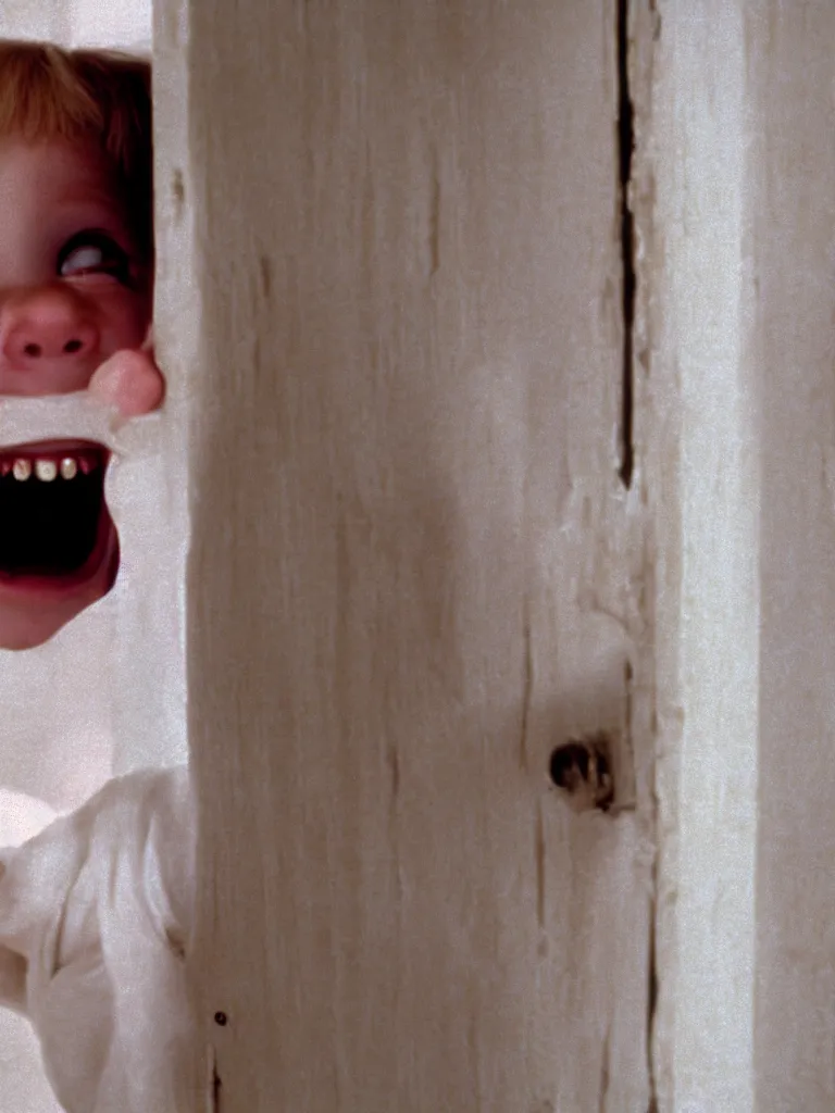Prompt: a cute little blonde kid trying to see through a huge vertical crack on a white wooden door and grinning maniacally, a film still from the 1980 movie the shining, 4k, grainy, panavision