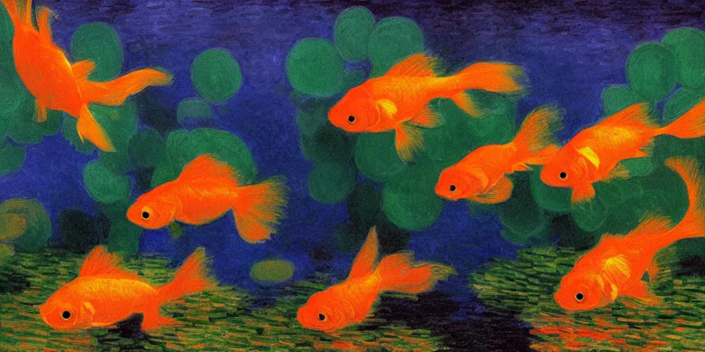 Image similar to An aesthetically pleasing, dynamic, energetic, lively, well-designed digital art of goldfish in a pond viewed from underwater, light and shadow, chiaroscuro, by Claude Monet and Vincent Van Gogh, superior quality, masterpiece, excellent use of negative space. 8K, superior detail, widescreen.