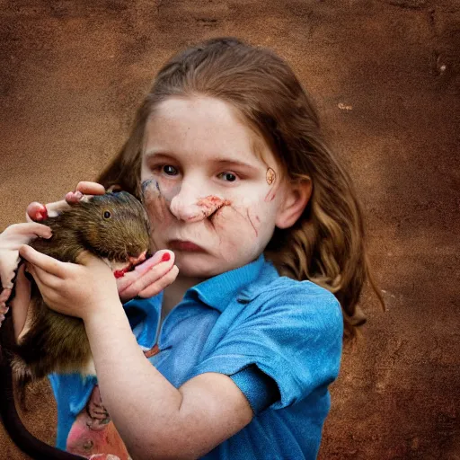 Image similar to ratcatcher 2 as a little girl, holding a cute rat in her hands, photo taken on a nikon, very detailed, 4k