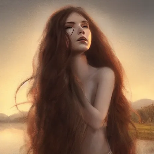 Prompt: beautiful young woman by the lake, sunset, hair waving in the wind, high detail, dramatic light, digital art, chiaroscuro, painted by seb mckinnon and greg rutkowski, trending on artstation