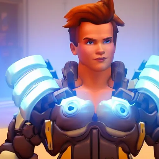 Prompt: a screenshot of arnold schwarzenegger as tracer in overwatch, full body shot