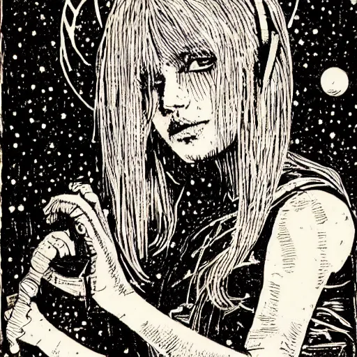 Image similar to Woodcut portrait of a beautiful cute girl with robot ears by falling into the stars greg rutkowski, 4k, intricate details